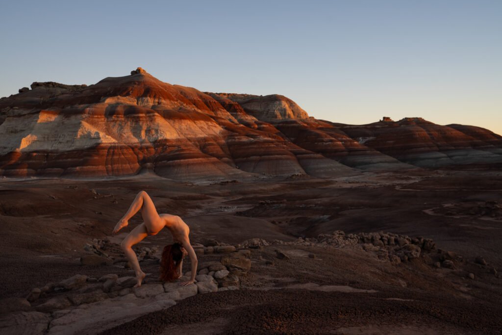 Utah desert landscape sunrise sunset red rocks painted hills vistas nude model yoga beautiful